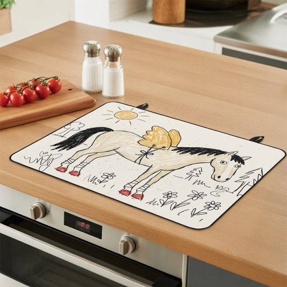 Winged Horse Stove Top Cover for Electric Stove Playful Hand Drawn Doodle Sun Pine Trees Wildflower Heat Insulation Stove Mat for Glass Top Flat Cooktop Countertop Protector Dish Drying Mat 24"x21"