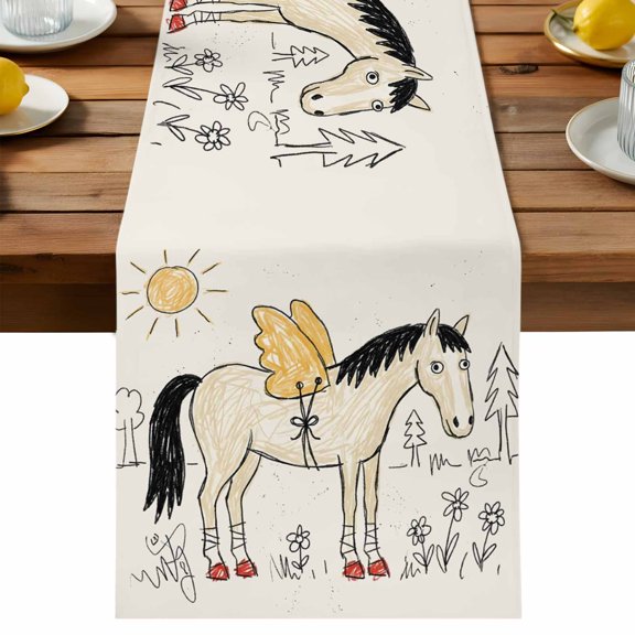Winged Horse Table Runner, Playful Hand Drawn Doodle Sun Pine Trees Wildflower Cotton Linen Table Cloth, Tablerunner for Kitchen Dining Party Wedding Home Decor 13x36 Inch