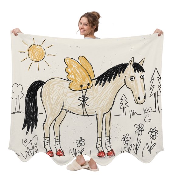 Winged Horse Wearable Blanket, Playful Hand Drawn Doodle Sun Pine Trees Wildflower Plush Thick Cozy Flannel Oversized Adult Throw Body Wearable Blankets with Pocket Gifts for Women Men 58x64in