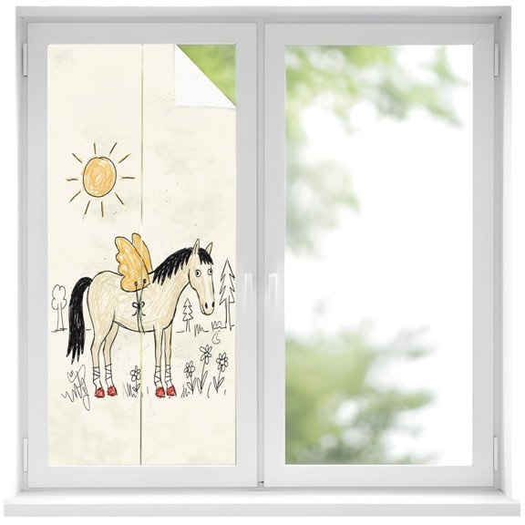 Winged Horse Window Privacy Film 19.6x39.3in Playful Hand Drawn Doodle Sun Pine Trees Wildflower Decorative Window Film with Static Cling, UV Filtering Window Cling Privacy Film for Glass Doors