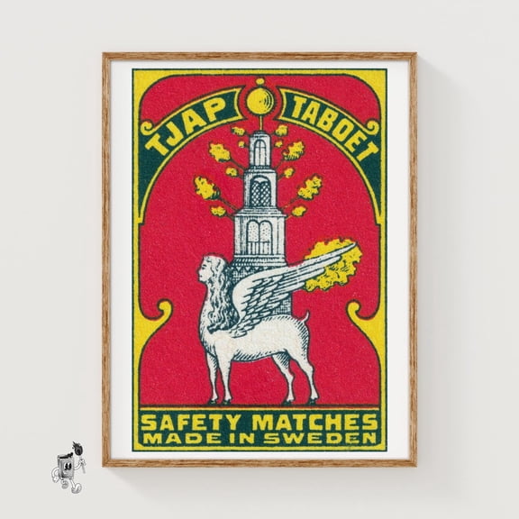Winged Lion Sweden 1920s 30s Matchbox Label Vintage Art Print Folk Art