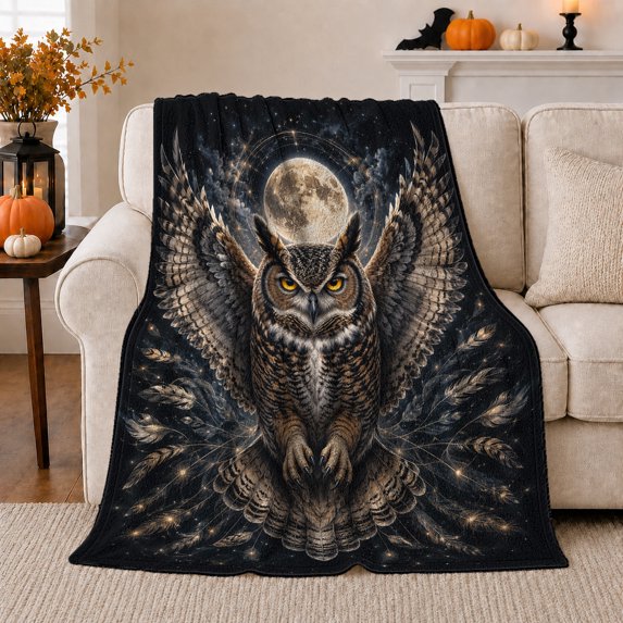 Winged Owl beneath a Moonlit Sky, Dramatic Gothic Wildlife Style for Owl Lovers, Celestial Feather Motif and Father's Day Gift, Cozy Flannel Blanket for Cabin and Study Room, Dark Home Decor