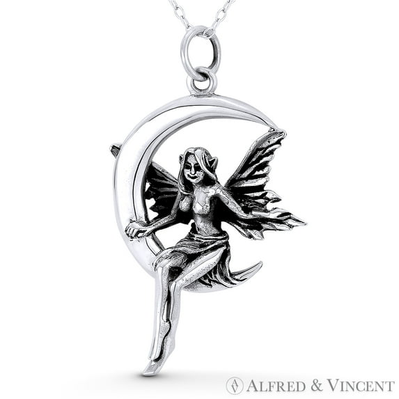 Winged Pixie / Fairy / Nymph on Crescent Moon Charm 43x25mm (1.7x1in) Pendant & Chain Necklace in Oxidized .925 Sterling Silver