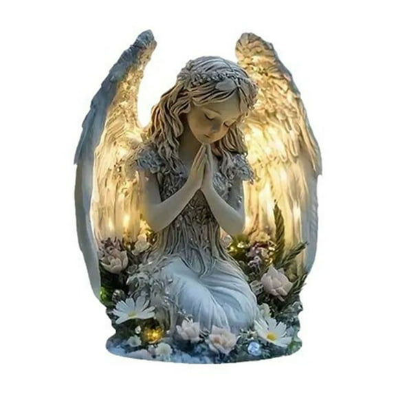 Winged Praying Angel Resin Statue, Peaceful Warm Tabletop Figurine, Serene Heavenly Static Ornament For Entryway Bedroom Mantel Sympathy Gift Layout