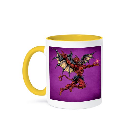 3dRose, Winged red devil demon who loves metal, 11oz Two-Tone Yellow Mug