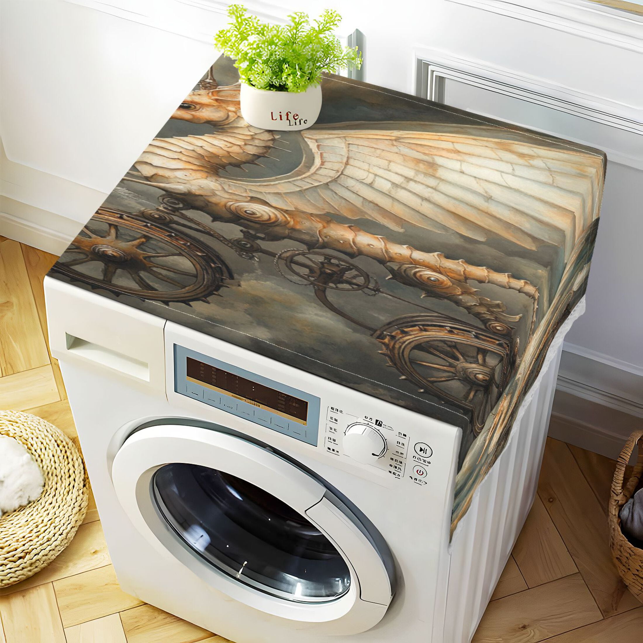 Winged SeahorsesWasher and Dryer Covers Dust-Proof and Oil Resistant Fridge Cover with 4 Storage Pockets Washing Machine Top Cover for Laundry Kitchen Home 51.2 x 22 In