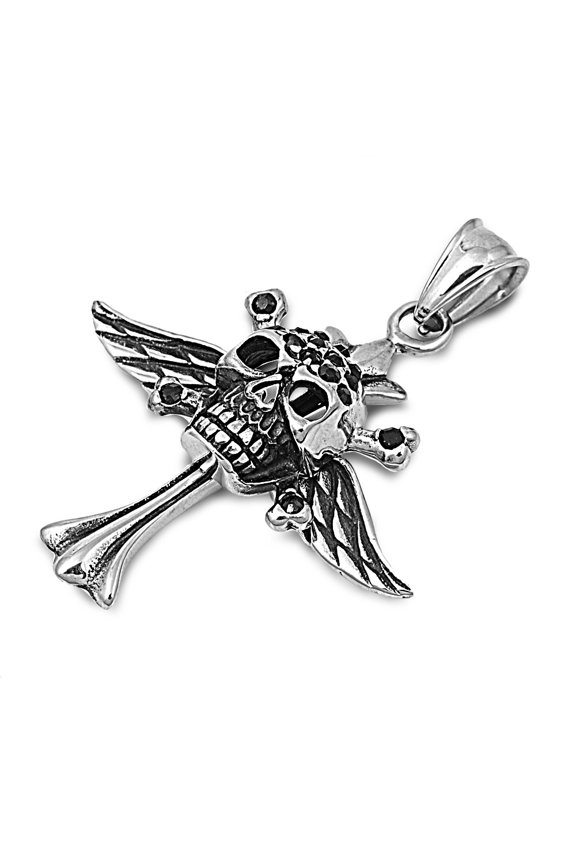 Winged Skull Cross Pendant Stainles Steel