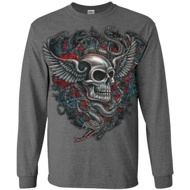 Winged Skull Graphic T-shirt Long Sleeve Mens