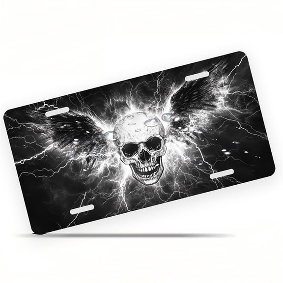 Winged Skull with Lightning Funny Personalized License Plate Rust-proof Stainless Steel Metal License Plate Suitable For Men And Women 12.2" x 6.2"