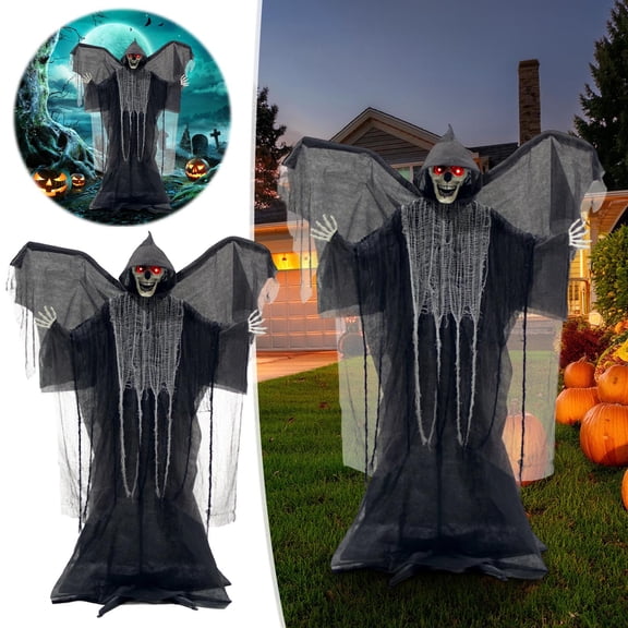 Winged Standing Skeleton Ghost Prop, Dynamic LED Light And Sound Halloween Decor, Powered By 3 AAA Batteries For Indoor Yard Party Scene