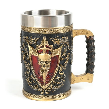 Winged Sword And Shield Skull Crest Beer Stein Stainless Steel Tumbler Antique Bronze Finish Sculpture Cup