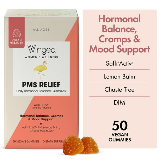 Winged Wellness PMS Symptom Relief Saffron and DIM Vegan Gummies, Women's Supplement, 25