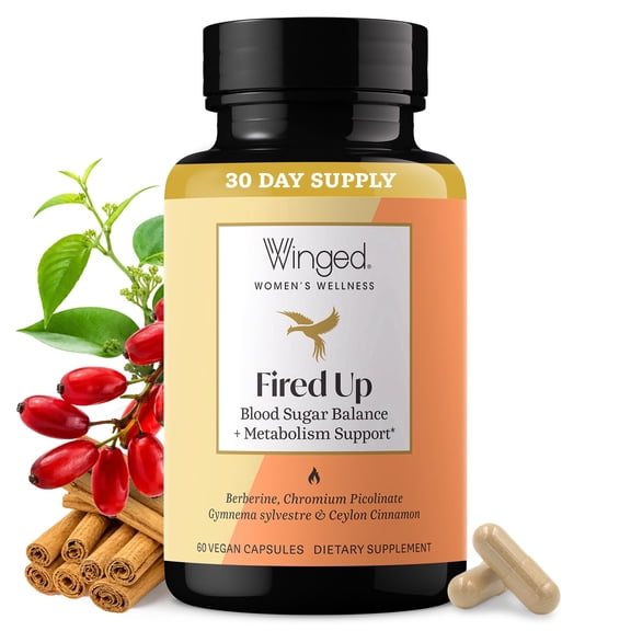 Winged Wellness Fired Up, Berberine HCL Supplement for Women Blood Sugar Support, Craving Control & Metabolic Health Helps with Weight Loss - Berberine HCL with Ceylon Cinnamon, 30 count