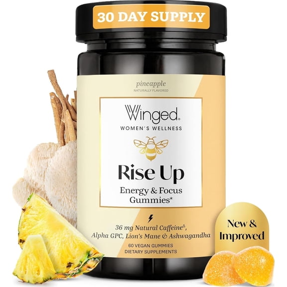 Winged Wellness Rise Up, Energy & Focus Gummies for Women - Daily Brain Boost Gummy Supplement with Natural Caffeine, Ashwagandha, B12, Nootropics Alpha-GPC & Lions Mane - Pineapple, 30 Gummies