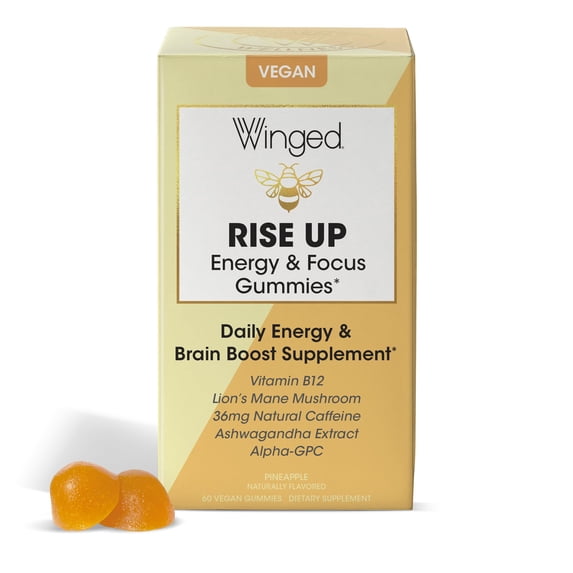 Winged Wellness Rise Up, Energy & Focus Gummies for Women - Daily Brain Boost Gummy Supplement with Natural Caffeine, Ashwagandha, B12, Nootropics Alpha-GPC & Lion’s Mane - Pineapple, 30 Gummies