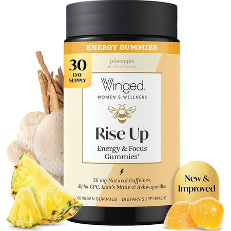 Winged Wellness Rise Up, Energy & Focus Gummies for Women - Daily Brain Boost Gummy Supplement with Natural Caffeine, Ashwagandha, B12, Nootropics Alpha-GPC & Lion’s Mane - Pineapple, 30 Gummies
