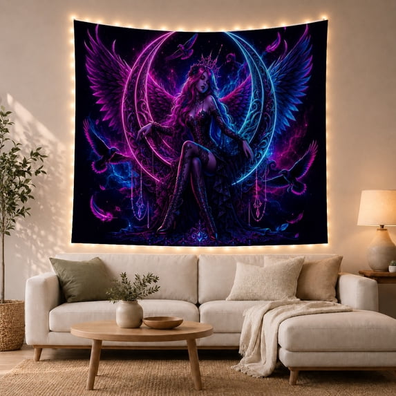 Winged Woman on Glowing Crescent Moon with Birds, Mystical Fantasy Style for Moon Lovers, Cosmic Wall Art, Halloween Gift, Tapestry Wall Hanging for Bedroom and Dorm