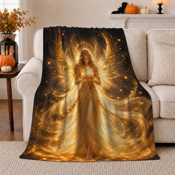 Winged Woman Holding Glowing Orb Amid Golden Sparks Print, Comfortable Flannel Blanket for Angel Imagery Enthusiasts, Luminous Fantasy Home Decor for Bedroom and Living Room, Birthday Gift