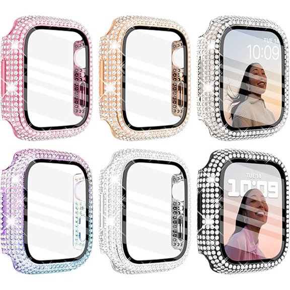 Wingle 6 Pack Case for Apple Watch Series 11 10 46mm Case with Screen Protector, Over 400 Bling Crystal Diamond Apple Watch Face Cover Bumper Tempered Glass Screen Protector Women iWatch 11 10 46 mm