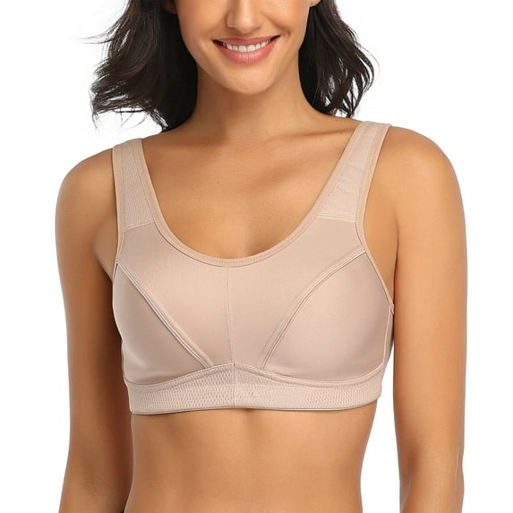 Winglove Women's Sports Bra,Oversized Supportive Athleisure Bra High Stretch Control Wide Shoulder Straps Non-Steel Ring Bra Running Yoga, Beige 40DD