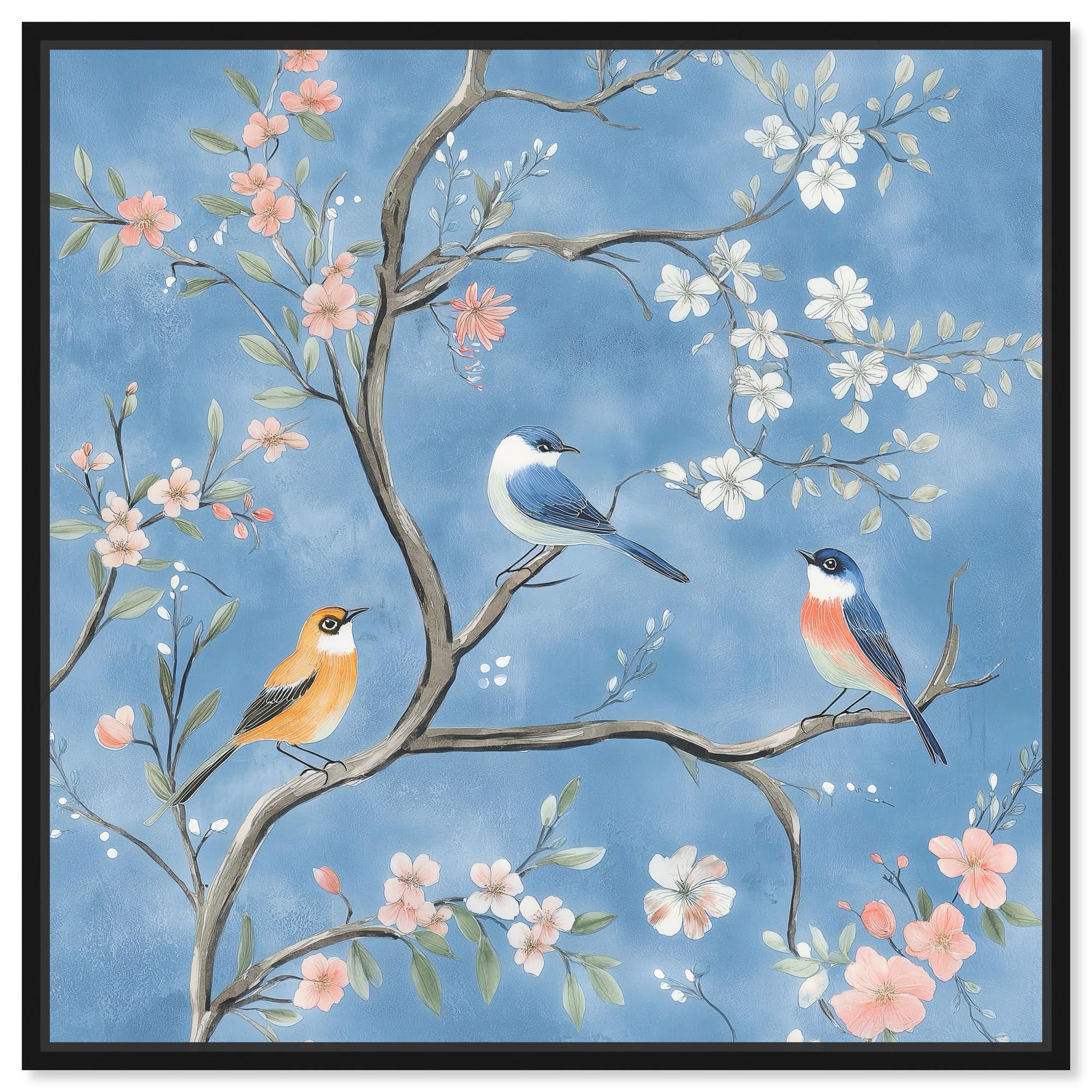 Wings Among the Blooms II Blue and Black Canvas Art