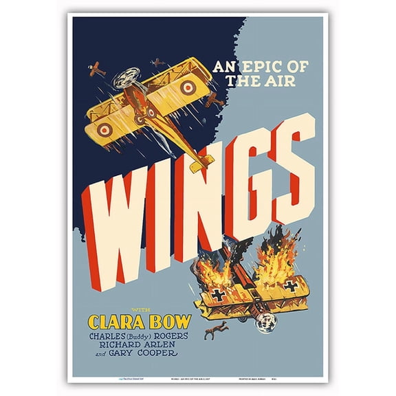 Wings - An Epic of the Air - Starring Clara Bow and Gary Cooper - First Oscar Winner for Best Picture - Vintage Film Movie Poster c.1927 - Master Art Print 10in x 14in