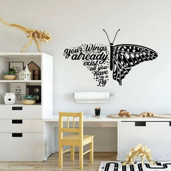 Wings Fly Quote Butterfly Butterflies Silhouette Wall Sticker Art Decal for Girls Boys Kids Room Bedroom Nursery Kindergarten House Home Decor Stickers Wall Art Vinyl Decoration Size (8x10 inch)