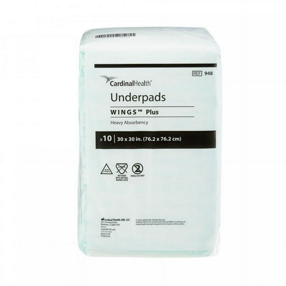 Wings Plus Incontinence Underpad & Protector, Heavy Absorbency, 30 Inches x 30 Inches (10 Count)