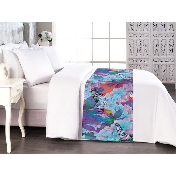 Wings of Spring Bed Runner, Colorful Design Peony Hydrangea Lupine Iris and Butterfly Pattern Art, Decorative Accent Bedding Scarf for Hotels Homes & Guest Rooms, Queen, Aqua Multicolor, by Ambesonne