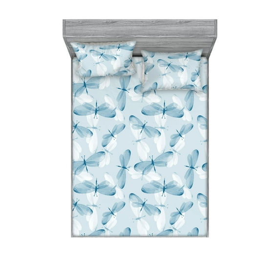 Wings of Spring Fitted Sheet & Pillow Sham Set, Oversimplified Butterfly Silhouettes Bitoned Pattern Soft Colors, Decorative Printed 3 Piece Bedding Decor, Calking, Soft Blue Off White, by Ambesonne