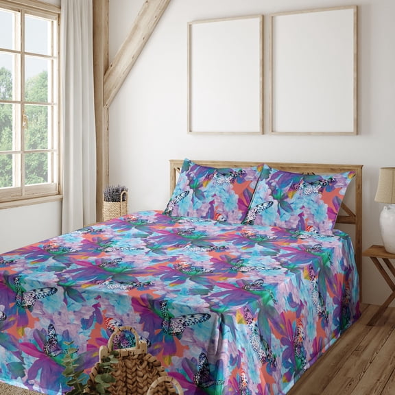 Ambesonne Wings of Spring Fitted & Flat Sheet with Shams 4 Pcs Set, Colorful Peony Iris, Queen, Aqua Multicolor