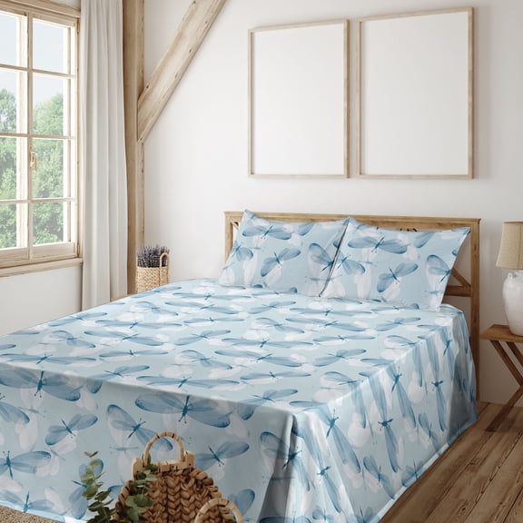 Ambesonne Wings of Spring Fitted & Flat Sheet with Sham 3 Pcs Set, Simple Butterflies, Twin, Soft Blue Off White