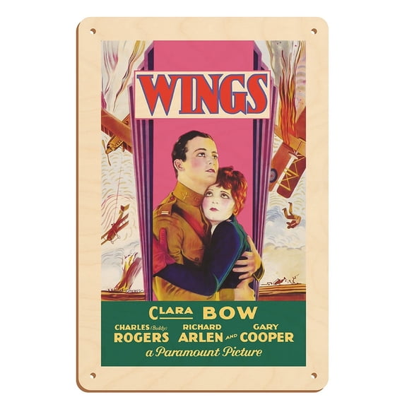 Wings - Starring Clara Bow and Gary Cooper - Vintage Film Movie Poster c.1927 - 8 x 12 inch Vintage Wood Art Sign