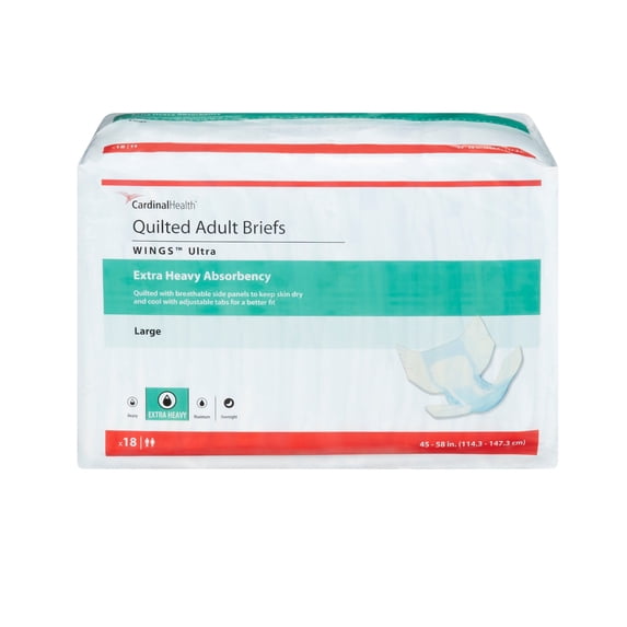 Wings Ultra Adult Incontinence Brief L Heavy Absorbency Quilted, 77074, 69, 18 Ct