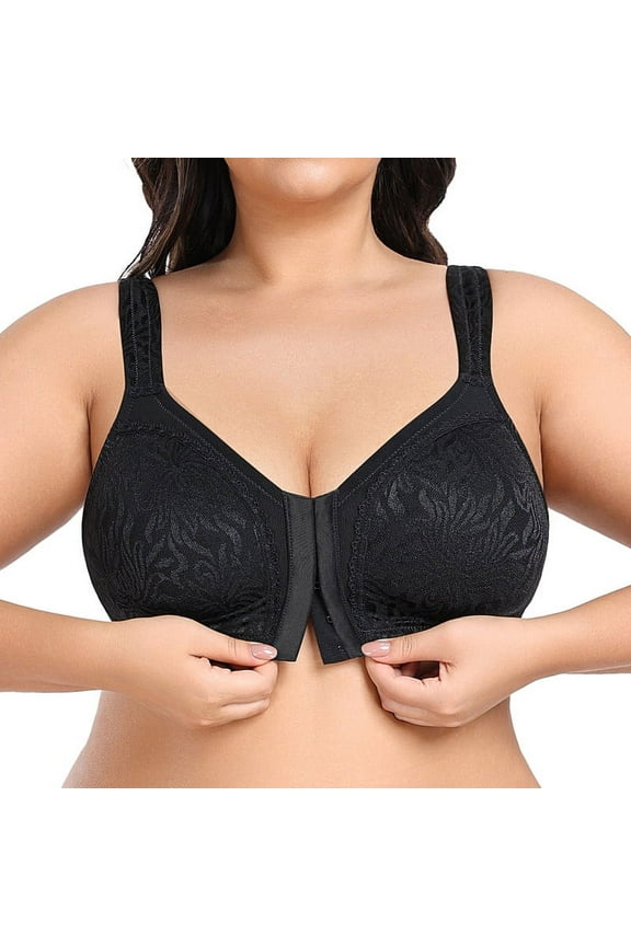 Front Fastening Bras for Women Minimizer Wireless Non Padded Full Coverage Back Support Plus Size Bras (Black,42C)