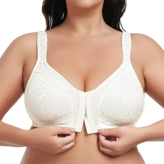 WingsLove Front Fastening Bras for Women Minimizer Wireless Non Padded Full Coverage Back Support Plus Size Bras (Ivory,36DD)