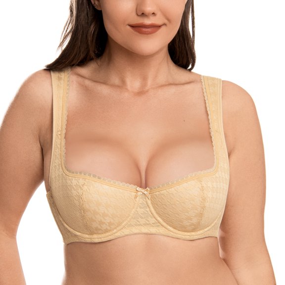 WingsLove Women's Balconette Bra Sexy 1/2 Cup Lace Half Cup Bra Lightly Padded Push Up Demi Shelf Underwire Bra,Beige 32C