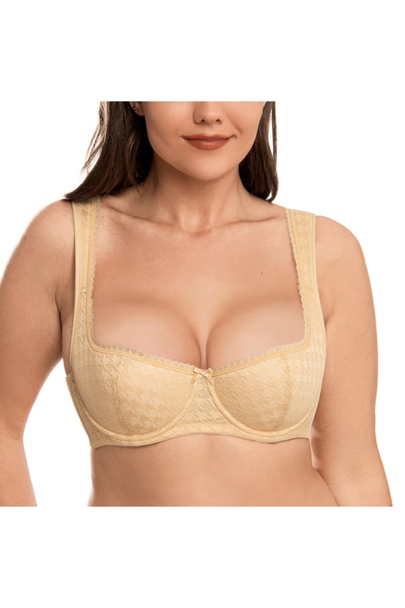 Women's Balconette Bra Sexy 1/2 Cup Lace Half Cup Bra Lightly Padded Push Up Demi Shelf Underwire Bra,Beige 32C