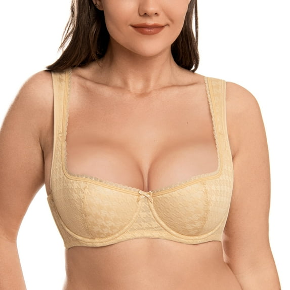 WingsLove Women's Balconette Bra Sexy 1/2 Cup Lace Half Cup Bra Lightly Padded Push Up Demi Shelf Underwire Bra,Beige 42DD