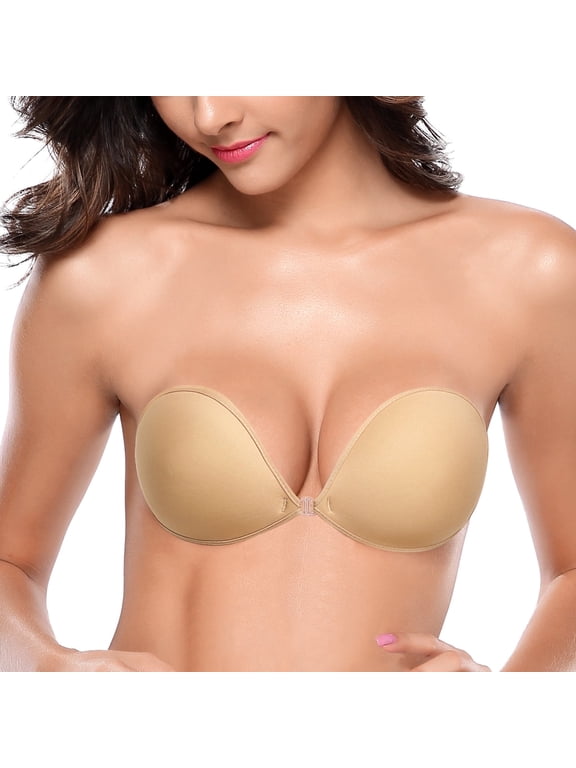 Adhesive Bra Reusable Backless Strapless Push-up Silicone Invisible Sticky Bras for Backless Dress,Beige A