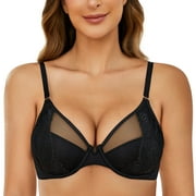 Wingslove Low-Cut Push Up Bra for Women Underwired Molded Cup Padded Comfotable Bra Lace Demi Mesh T-Shirt Bra, Black 38C