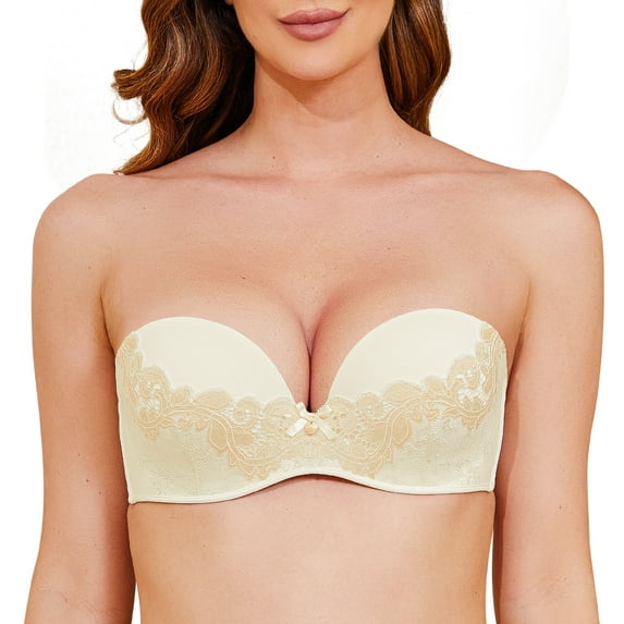 Wingslove Strapless Bra for Women Underwired Push Up Full Figure Bra Multiway Carpet 8-Way Convertible Straps,Ivory Nude 34C