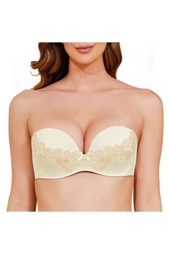 Strapless Bra for Women Underwired Push Up Full Figure Bra Multiway Carpet 8-Way Convertible Straps,Ivory Nude 38DD