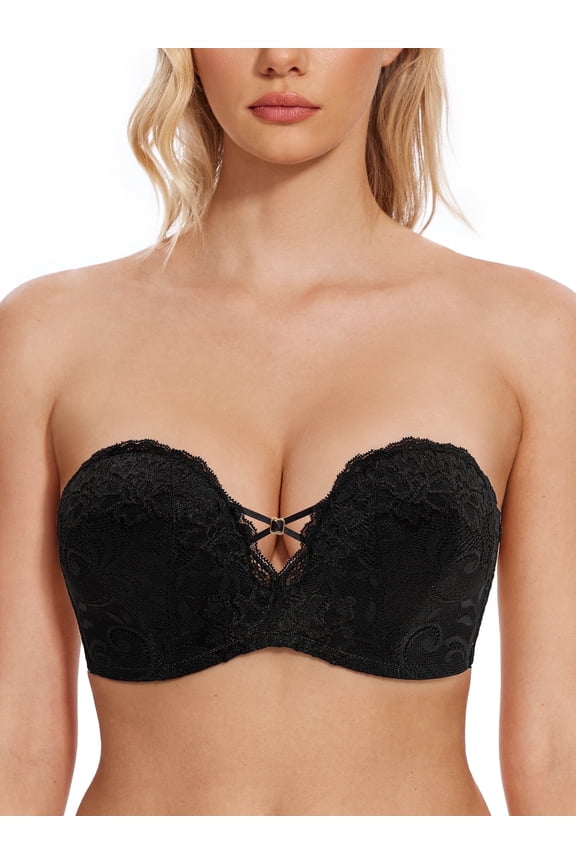 Women's Push Up Strapless Bras Wireless Lace Plus Size Underwire Bra for Party,Black 32C