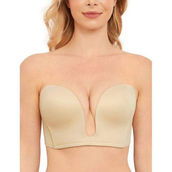 Wingslove Women's Deep Plunge Bra Convertible Multiway Push up Low Cut Strapless V Wireless Bra Clear Back, Nude 34C