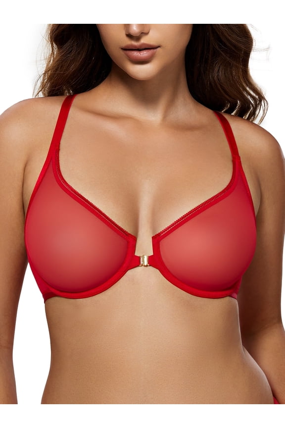 Women's Front Closure Sheer See Through Bra Racerback Unlined Underwire Bras for Everyday