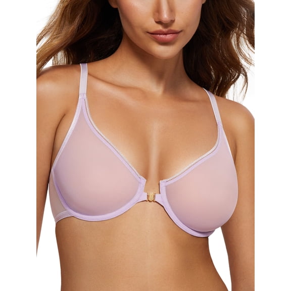 Wingslove Women's Front Closure Sheer See Through Bra Racerback Unlined Underwire Bras for Everyday
