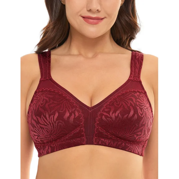 Wingslove Women's Full Coverage Plus Size Bra Non Padded Wireless Minimizer Bra, Wine Red 44DD