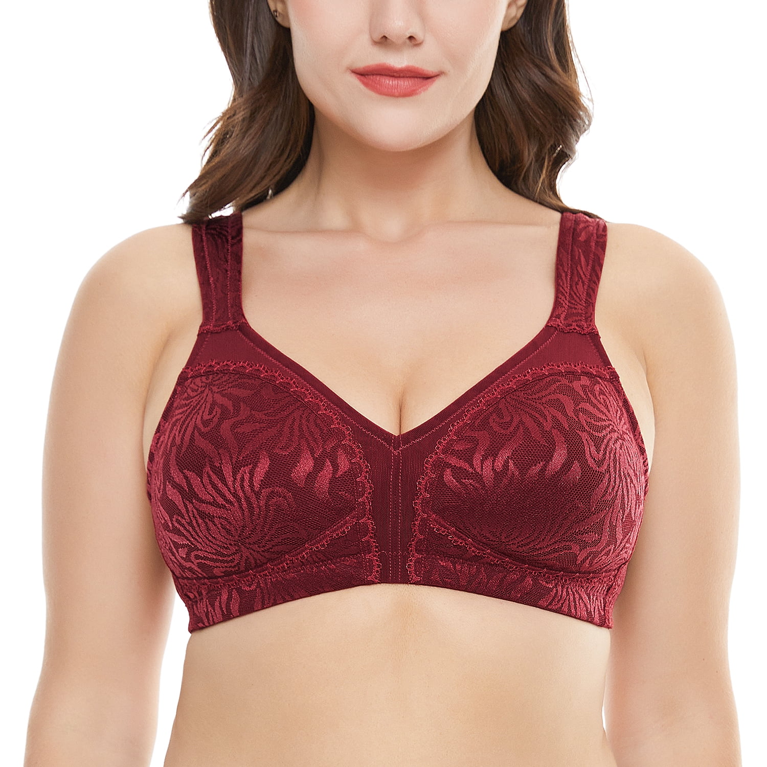 Wingslove Women's Full Coverage Plus Size Bra Non Padded Wireless Minimizer  Bra, Wine Red 44H