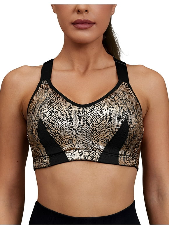 Women's High Impact Racerback Bra Wireless Full Coverage Push Up Sports Bra Cross Back Adjustable Exercise BraGold Black 32C